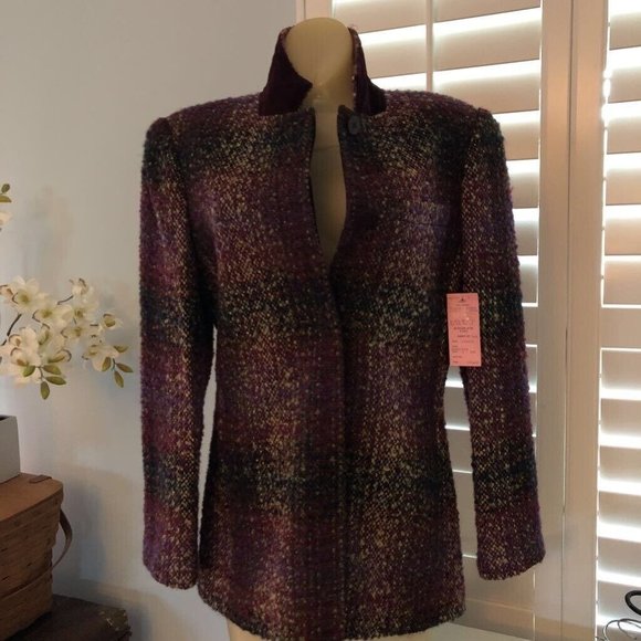 Carlisle Womens Jacket Burgundy Black Abstract Velvet Lined Collar Vintage 4 New - Picture 1 of 12